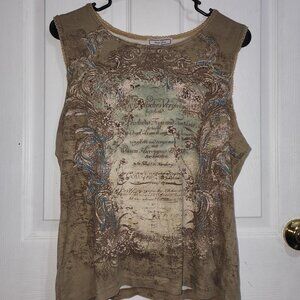 Vintage Olive Green Embellished Graphic Tank